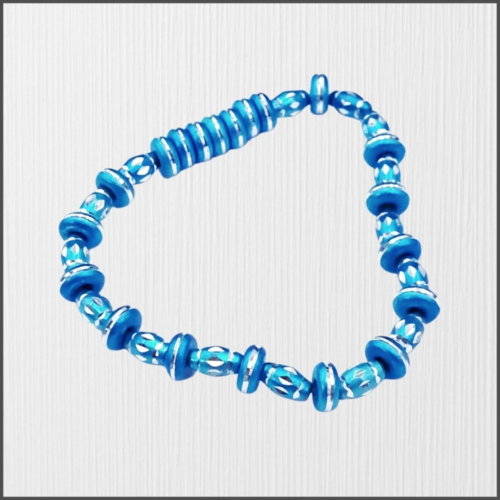Teal Blue and Silver Beaded Stretch Bracelet | Mixed Disc & Faceted Beads